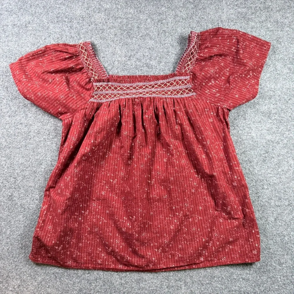 Madewell Smocked Puff Sleeve Top Women XXS Red Floral Square Neck Dotted Vines